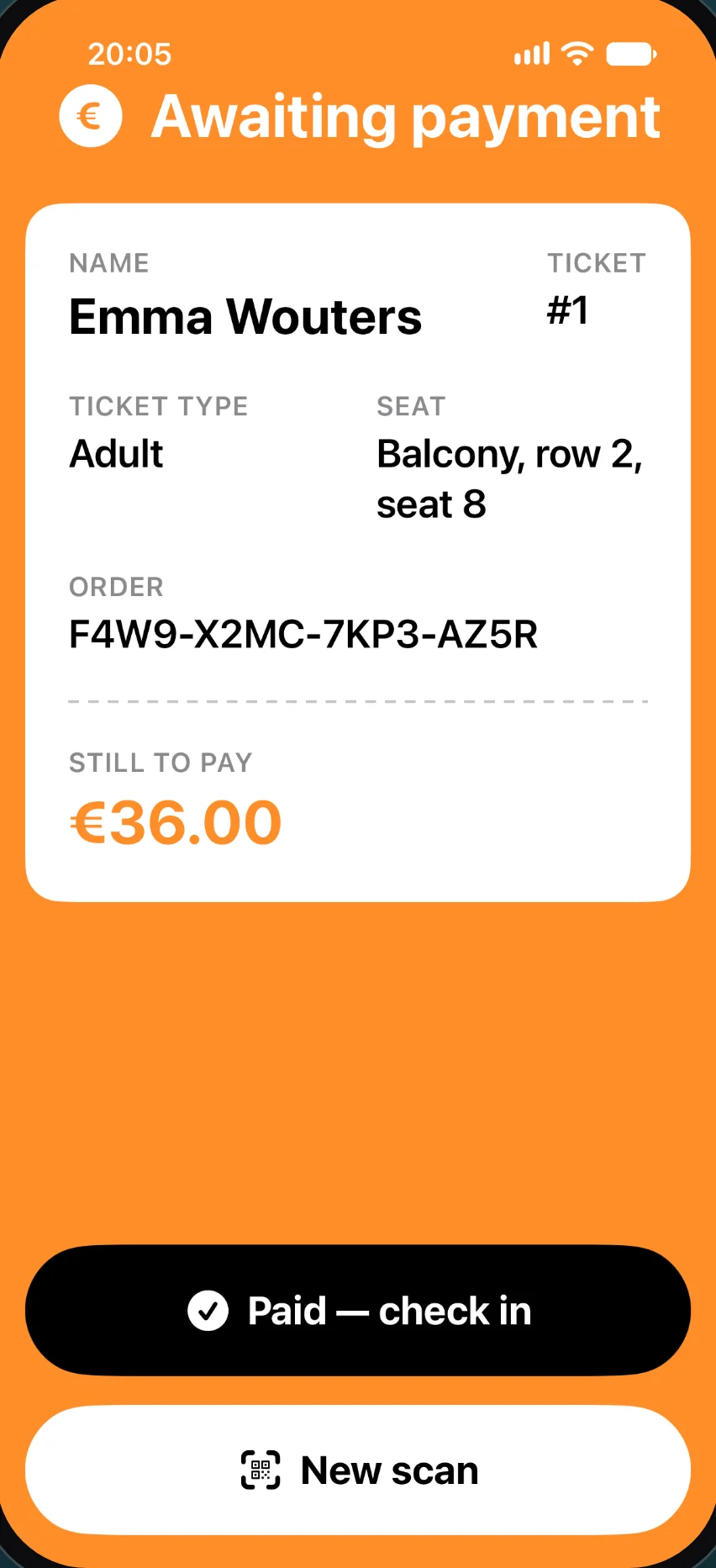 The check-in app showing €36.00 still to pay, with a button that marks it paid and checks the ticket in.