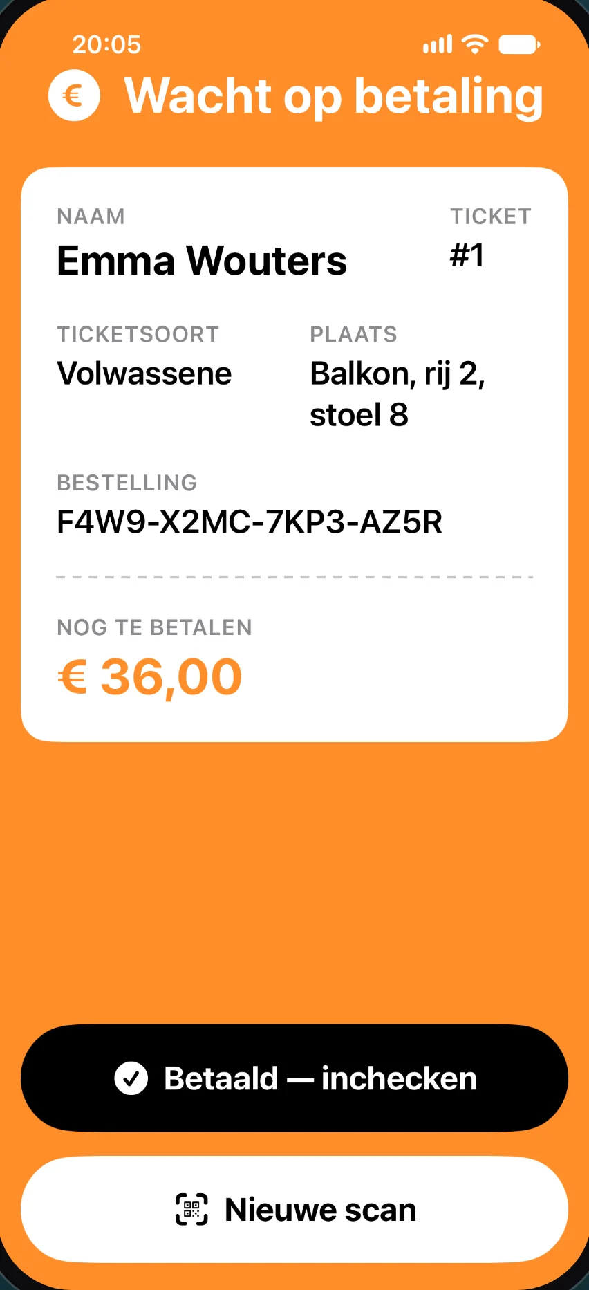 De check-in-app met nog € 36,00 te betalen, en een knop die het als betaald markeert en het ticket incheckt.
