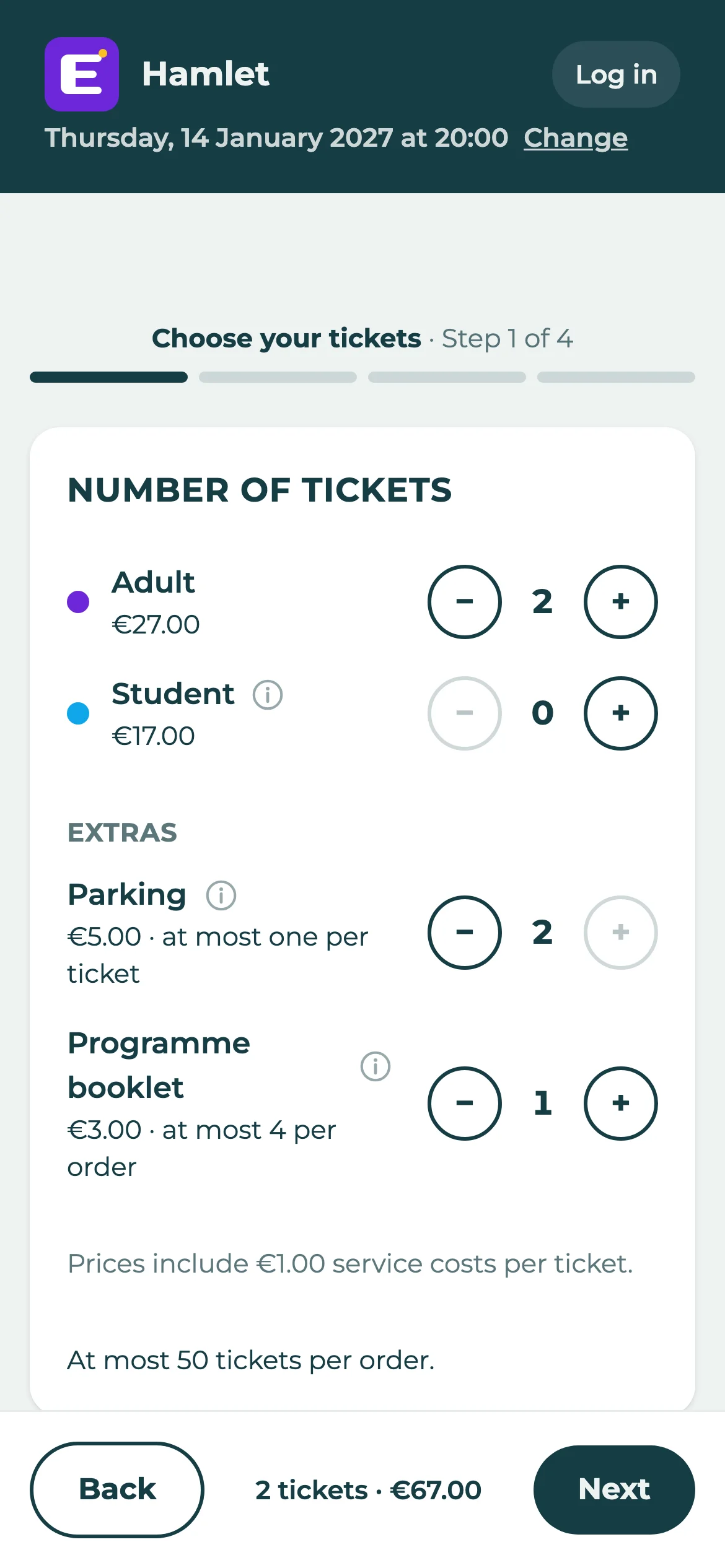 The first step of the checkout on a phone, with two tickets, two parking places and a programme booklet chosen.