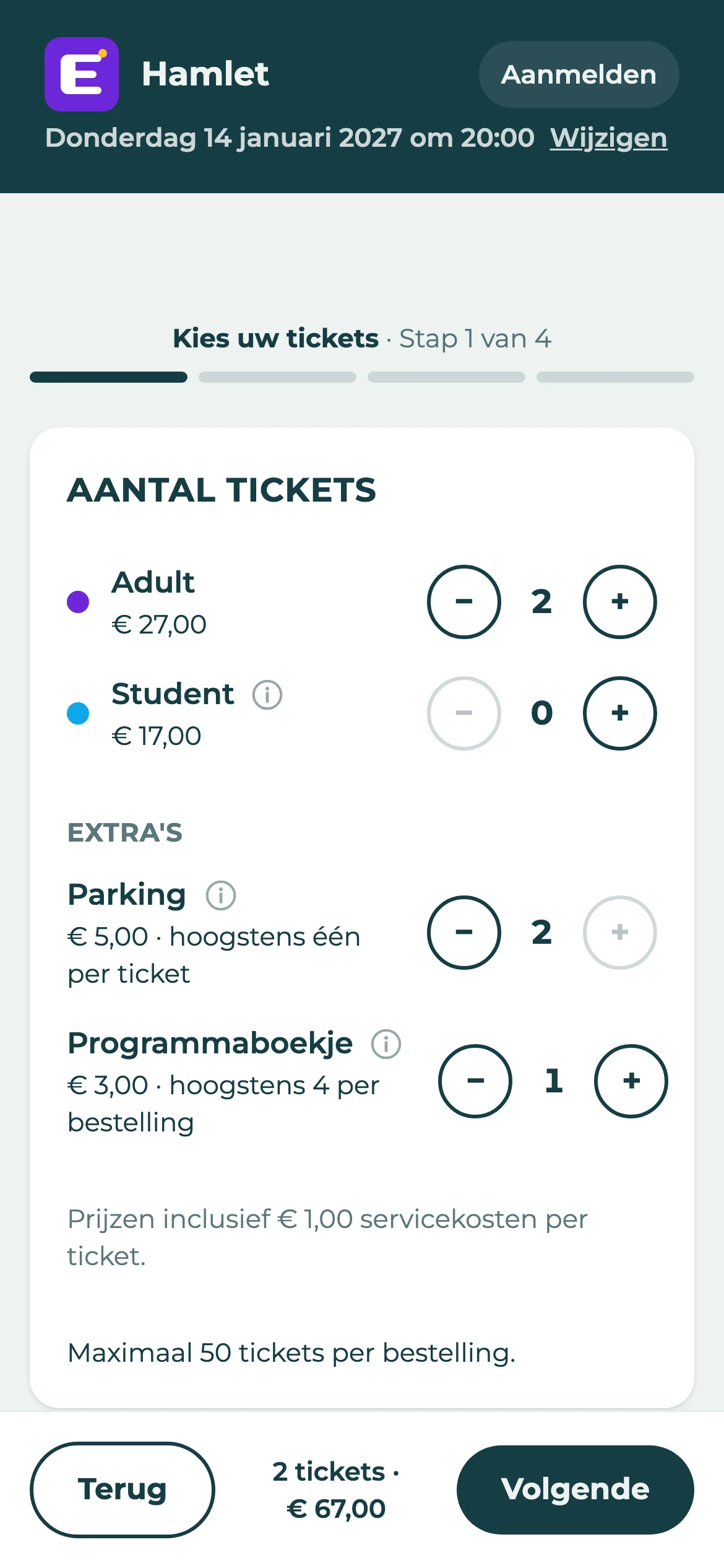 De eerste stap van het bestellen op een smartphone, met twee tickets, twee parkeerplaatsen en een programmaboekje gekozen.