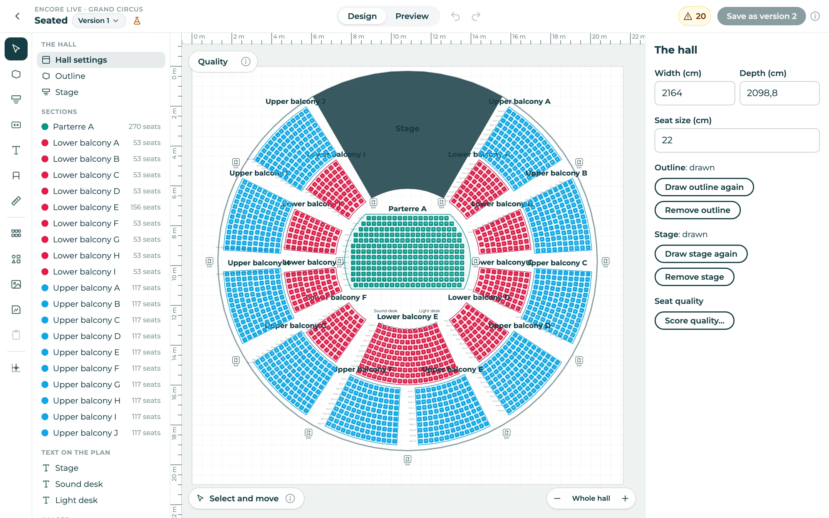 The seat plan editor: a hall with a stage, curved sections of seats, exits and a list of its sections.